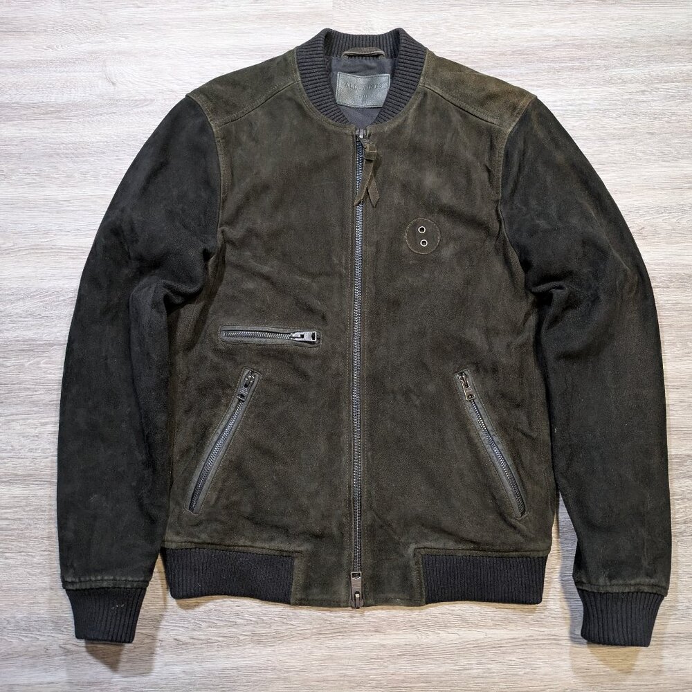 All Saints Freight Bomber Men's Small Goat Sheep Leather Suede Green Black Zip